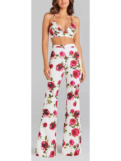 3-Piece Watercolor Rose Print Blazer, Bra Top and Pant Suit / Set - Branna Couture