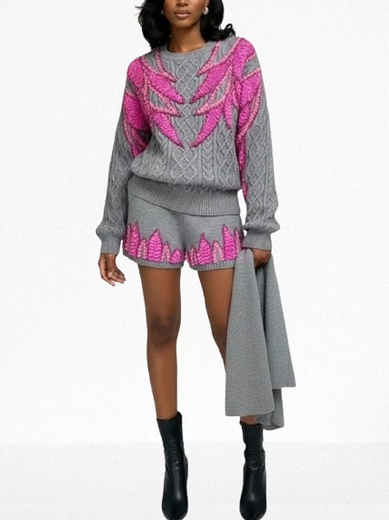 3-pc Grey Knit Set with Fuchsia Sequin Embroidery - Small - Suits & Sets
