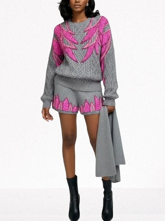 3-pc Grey Knit Set with Fuchsia Sequin Embroidery - Small - Suits & Sets