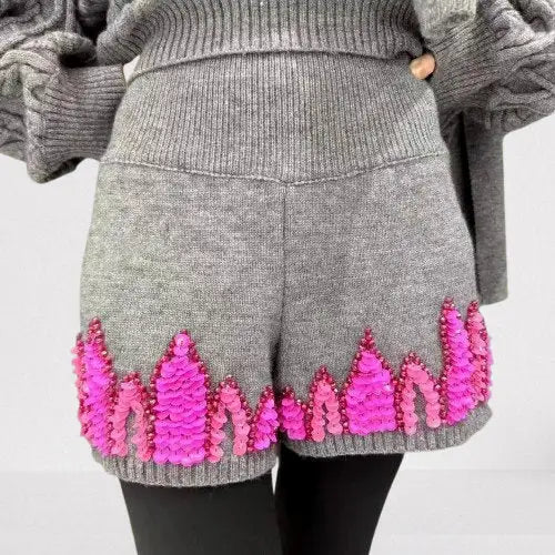 3-pc Grey Knit Set with Fuchsia Sequin Embroidery - Suits & Sets