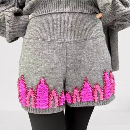 3-pc Grey Knit Set with Fuchsia Sequin Embroidery - Suits & Sets