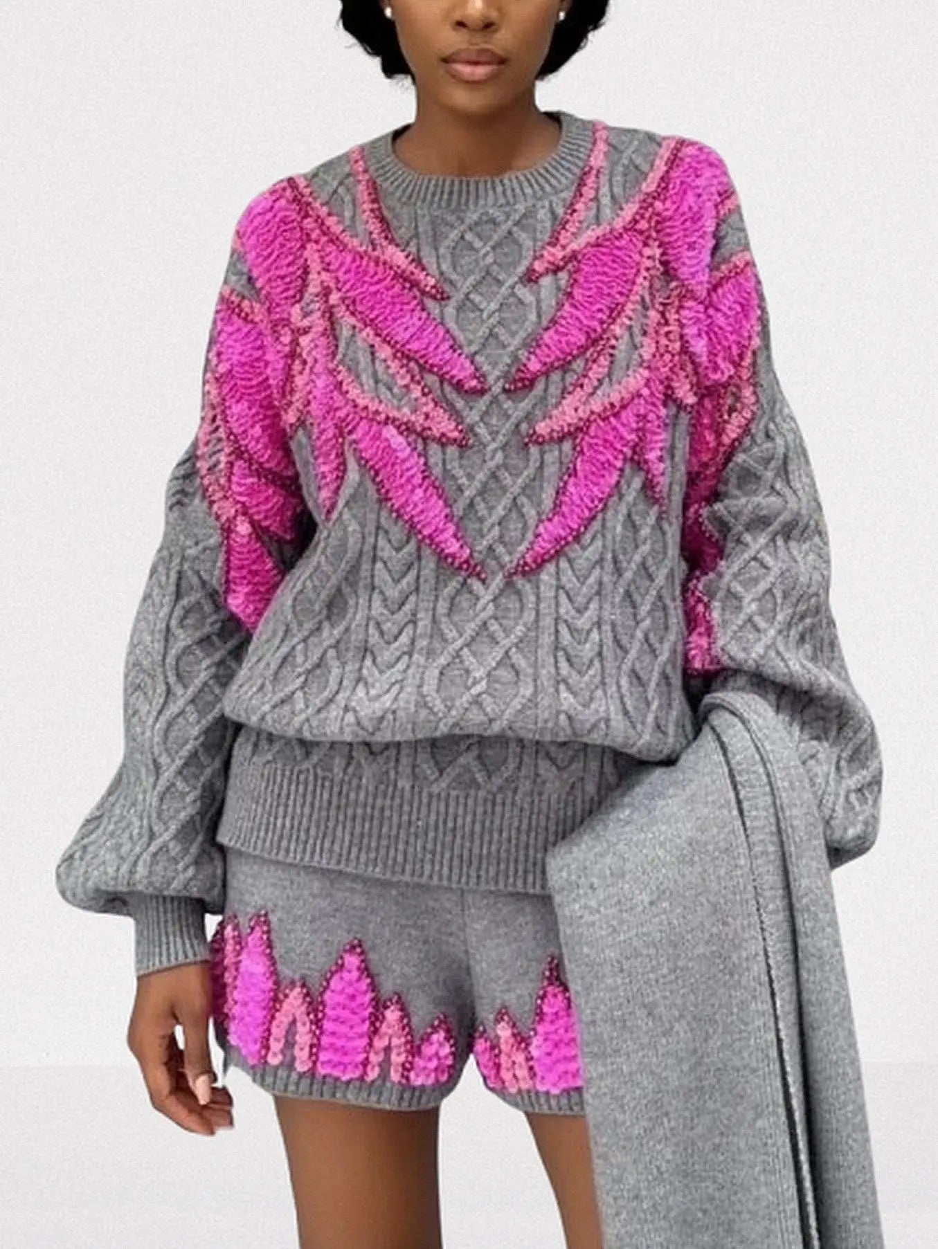 3-pc Grey Knit Set with Fuchsia Sequin Embroidery - Suits & Sets