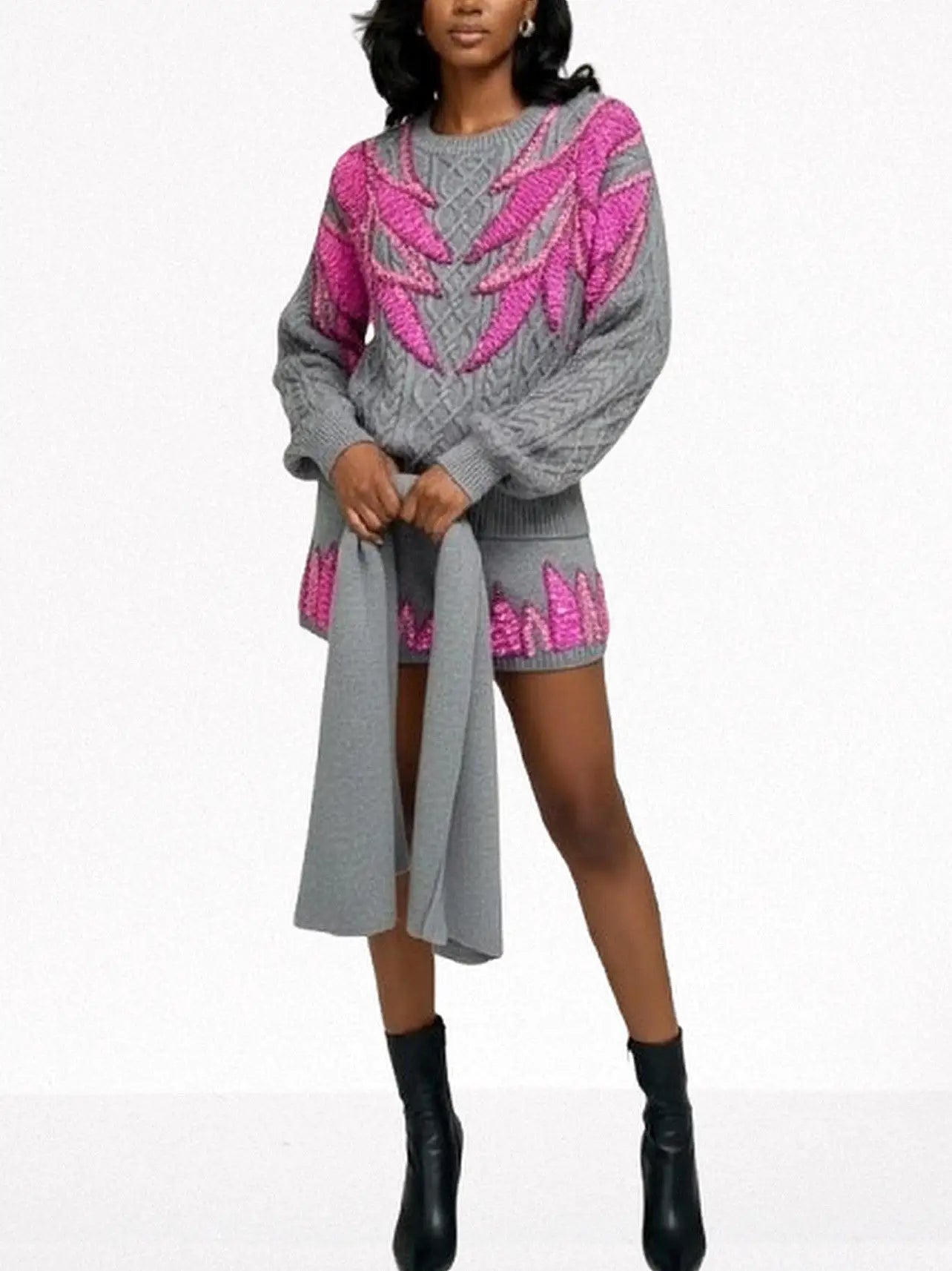 3-pc Grey Knit Set with Fuchsia Sequin Embroidery - Suits & Sets