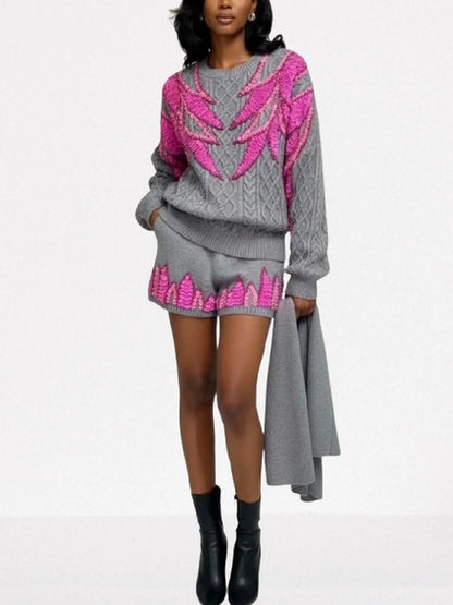 3-pc Grey Knit Set with Fuchsia Sequin Embroidery - Suits & Sets