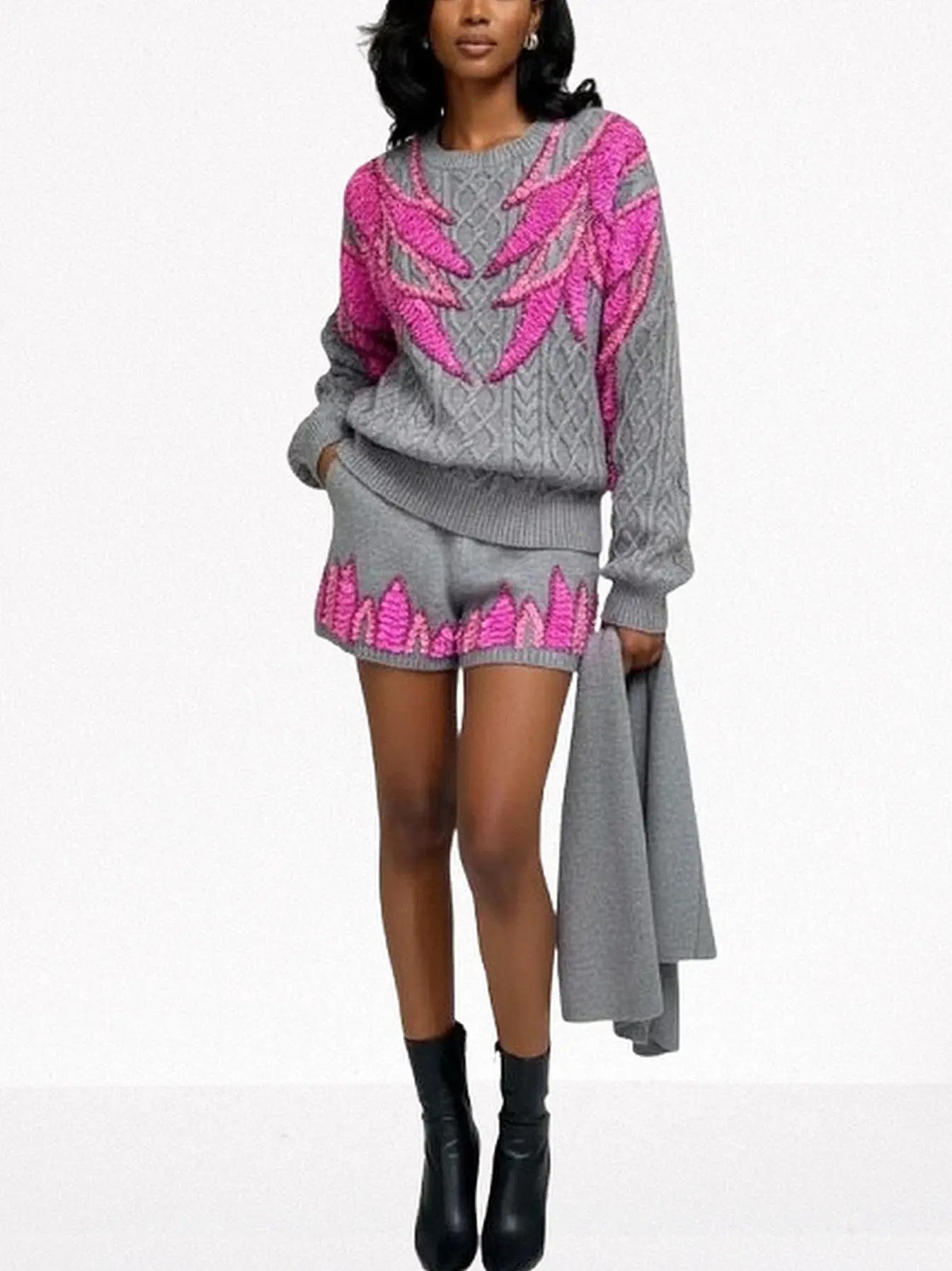 3-pc Grey Knit Set with Fuchsia Sequin Embroidery - Suits & Sets