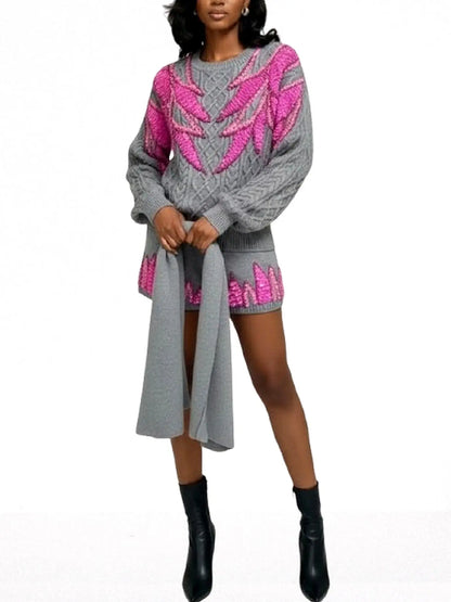 3-pc Grey Knit Set with Fuchsia Sequin Embroidery - Suits & Sets