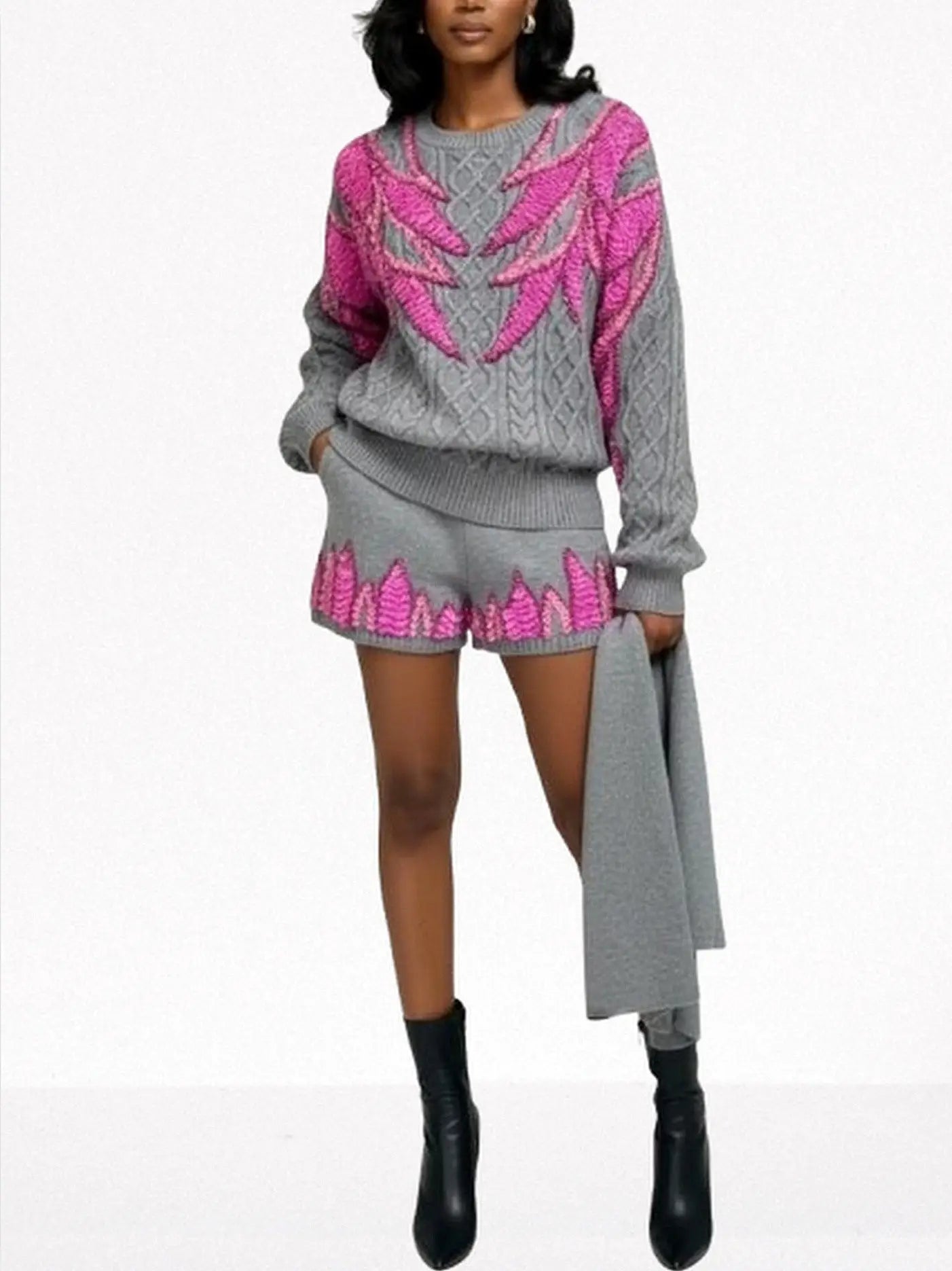 3-pc Grey Knit Set with Fuchsia Sequin Embroidery - Suits & Sets