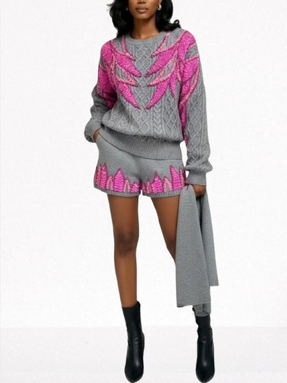 3-pc Grey Knit Set with Fuchsia Sequin Embroidery - Suits & Sets