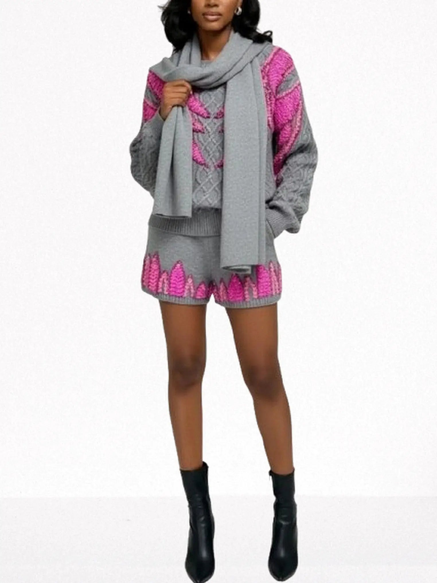 3-pc Grey Knit Set with Fuchsia Sequin Embroidery - Suits & Sets