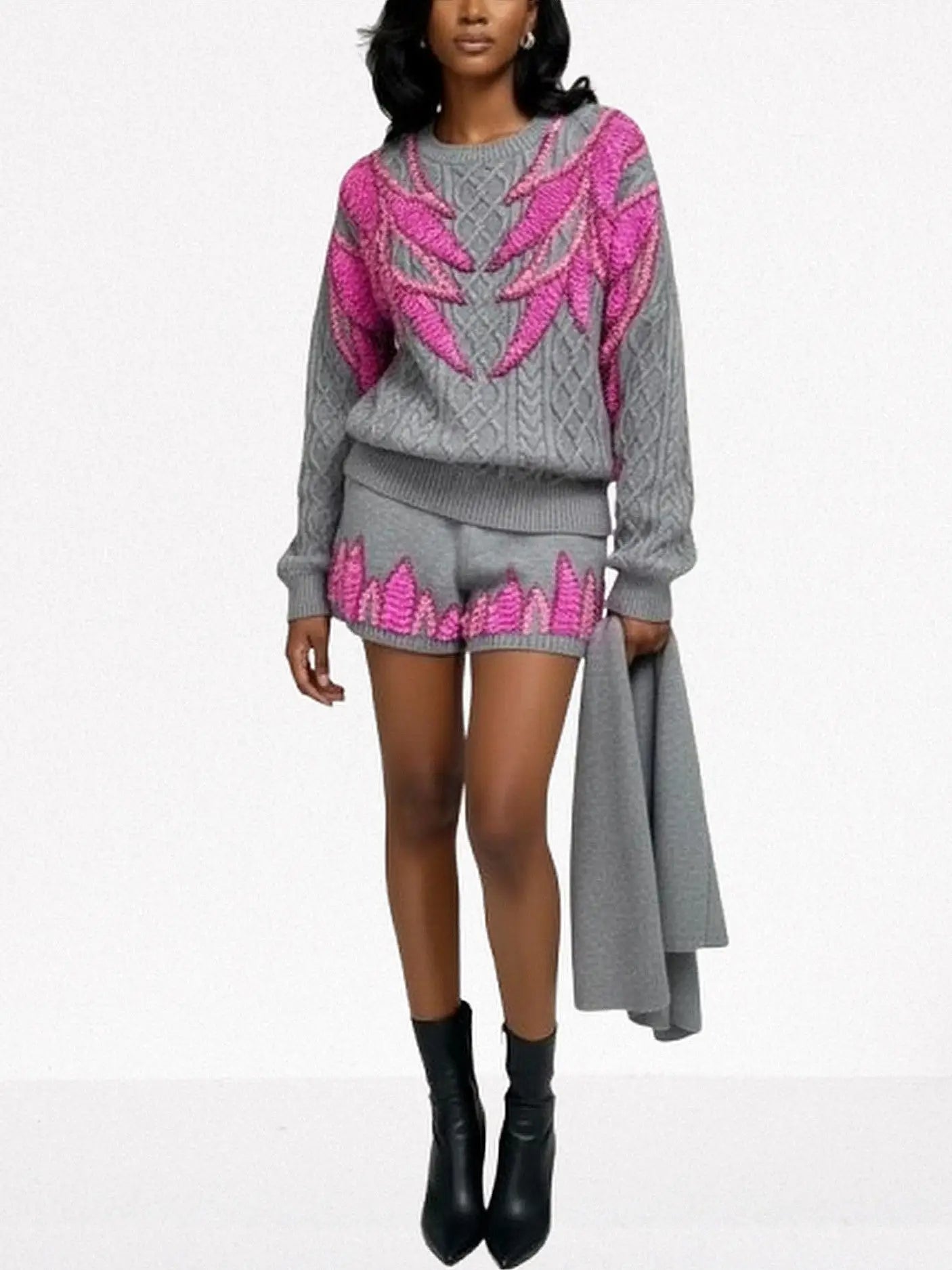 3-pc Grey Knit Set with Fuchsia Sequin Embroidery - Suits & Sets