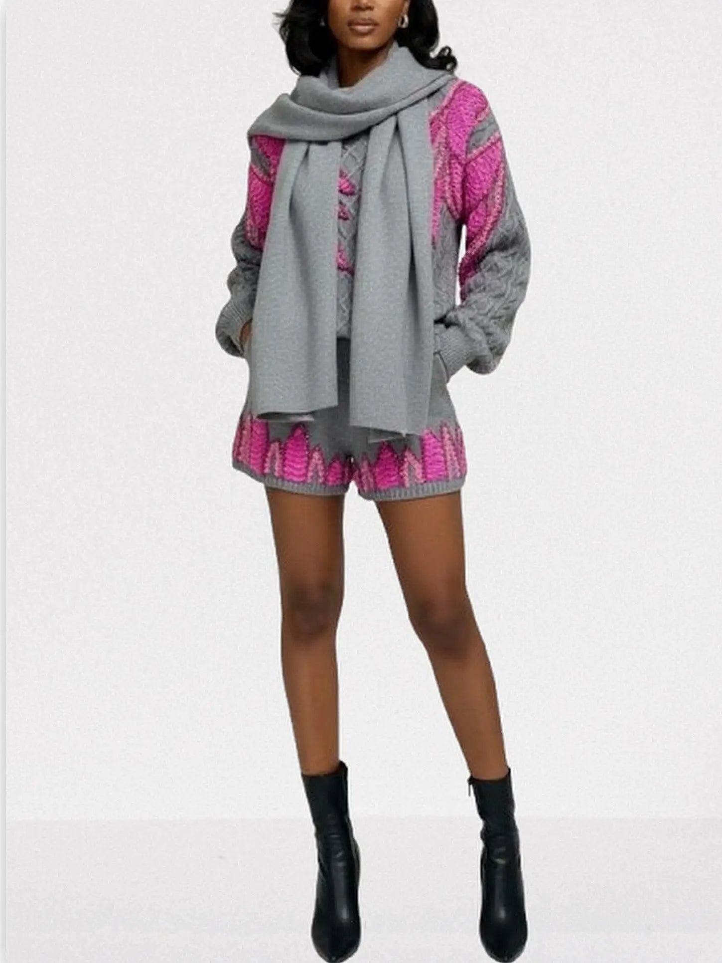 3-pc Grey Knit Set with Fuchsia Sequin Embroidery - Suits & Sets