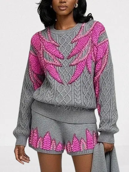 3-pc Grey Knit Set with Fuchsia Sequin Embroidery - Suits & Sets