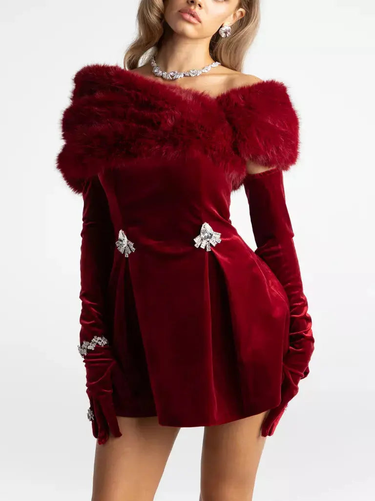 3-Piece Velvet Red Mini Dress with Long Gloves and Faux-Fur Shall - Dresses