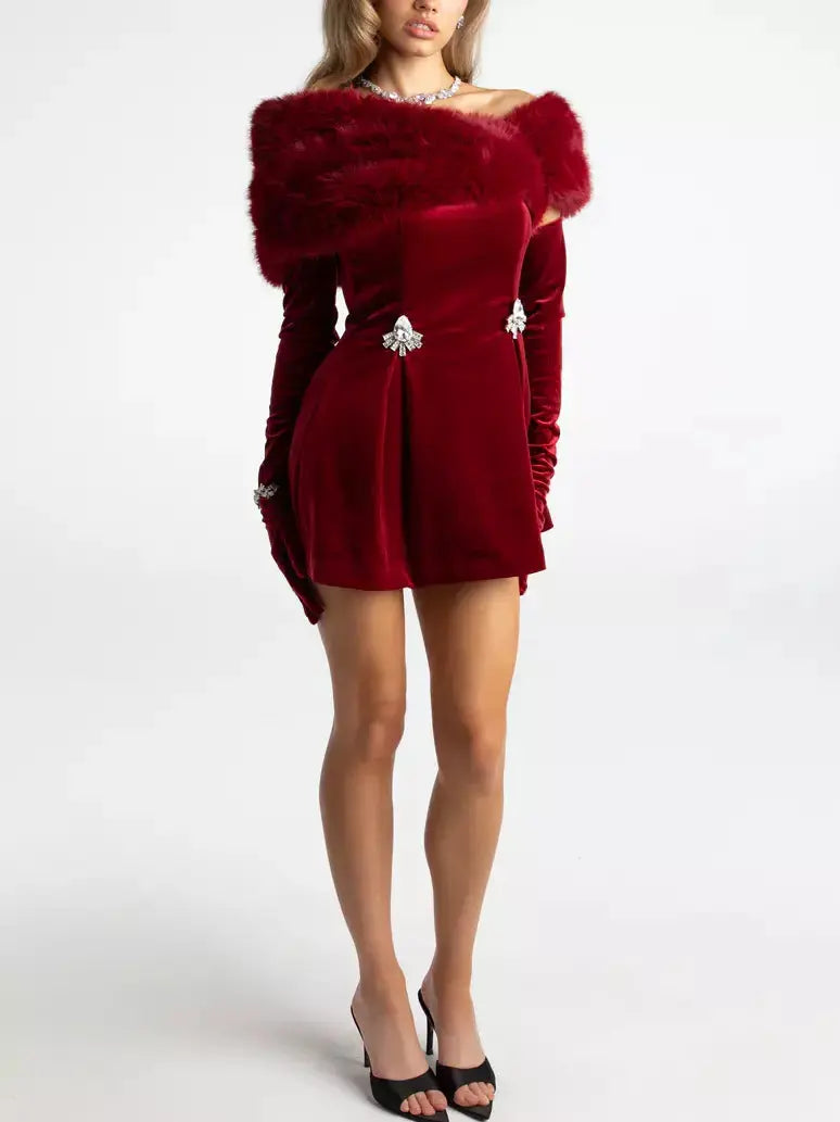 3-Piece Velvet Red Mini Dress with Long Gloves and Faux-Fur Shall - Dresses