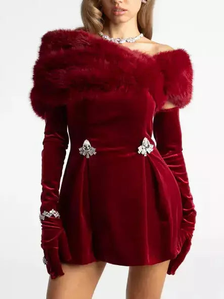 3-Piece Velvet Red Mini Dress with Long Gloves and Faux-Fur Shall - Dresses