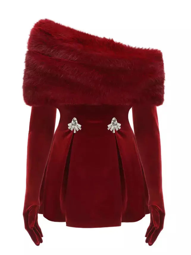 3-Piece Velvet Red Mini Dress with Long Gloves and Faux-Fur Shall - Dresses