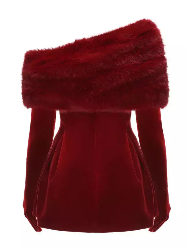 3-Piece Velvet Red Mini Dress with Long Gloves and Faux-Fur Shall - Dresses