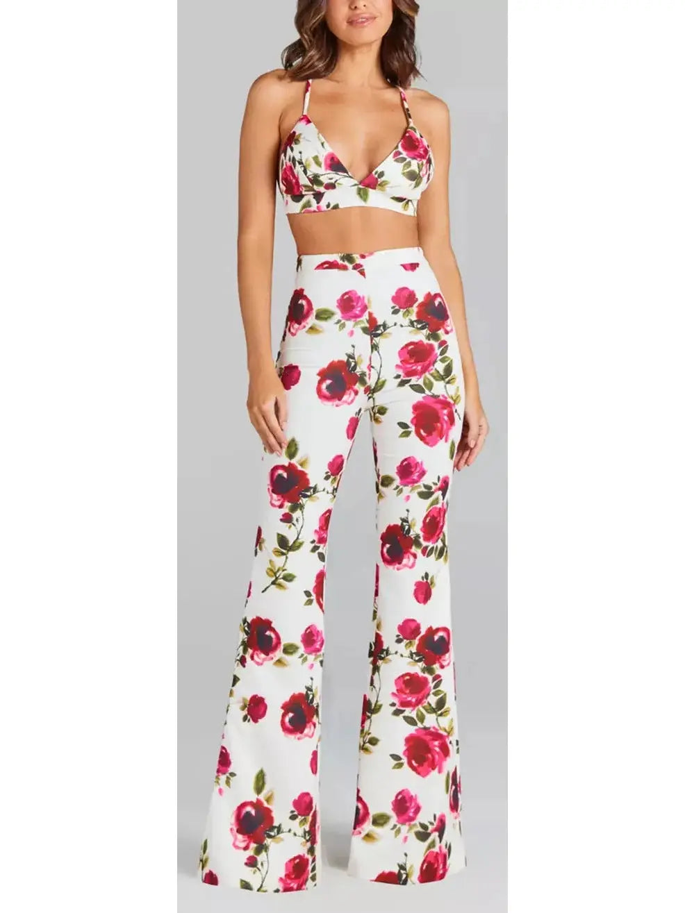 3-Piece Watercolor Rose Print Blazer Bra Top and Pant Suit / Set - Suits & Sets