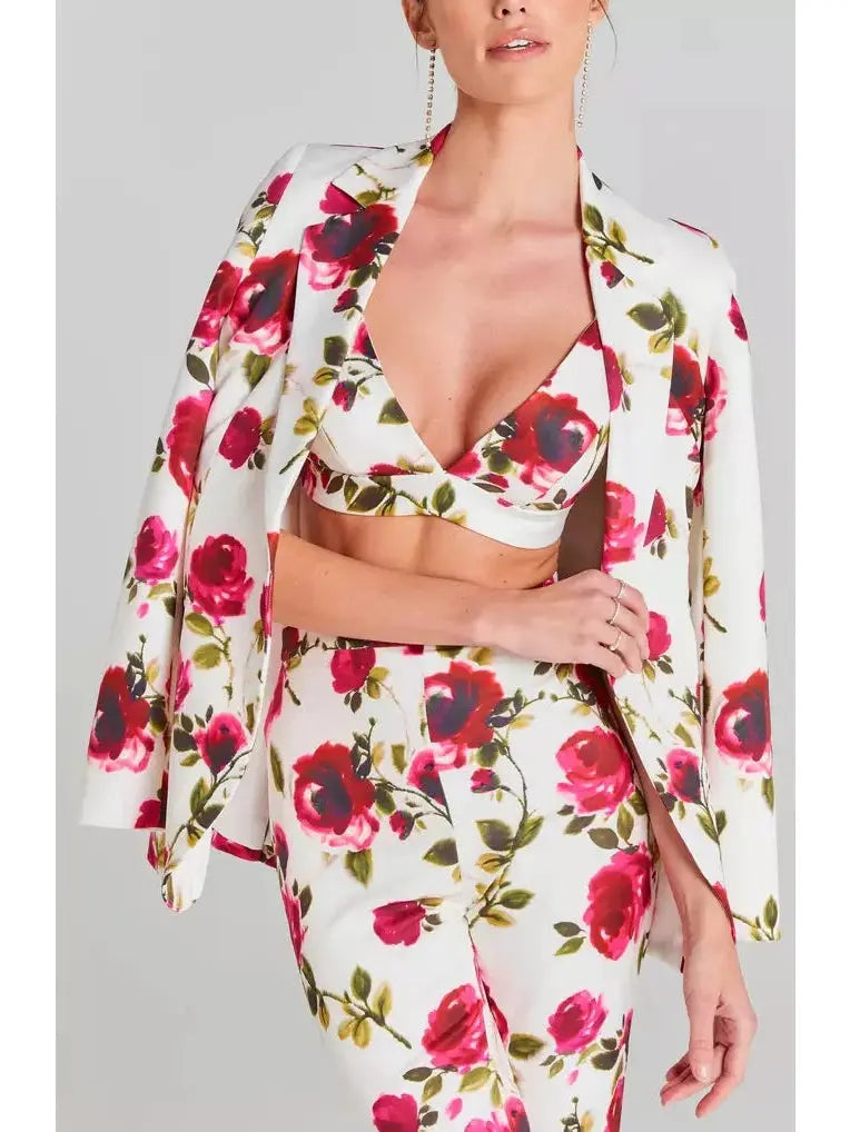 3-Piece Watercolor Rose Print Blazer Bra Top and Pant Suit / Set - Suits & Sets