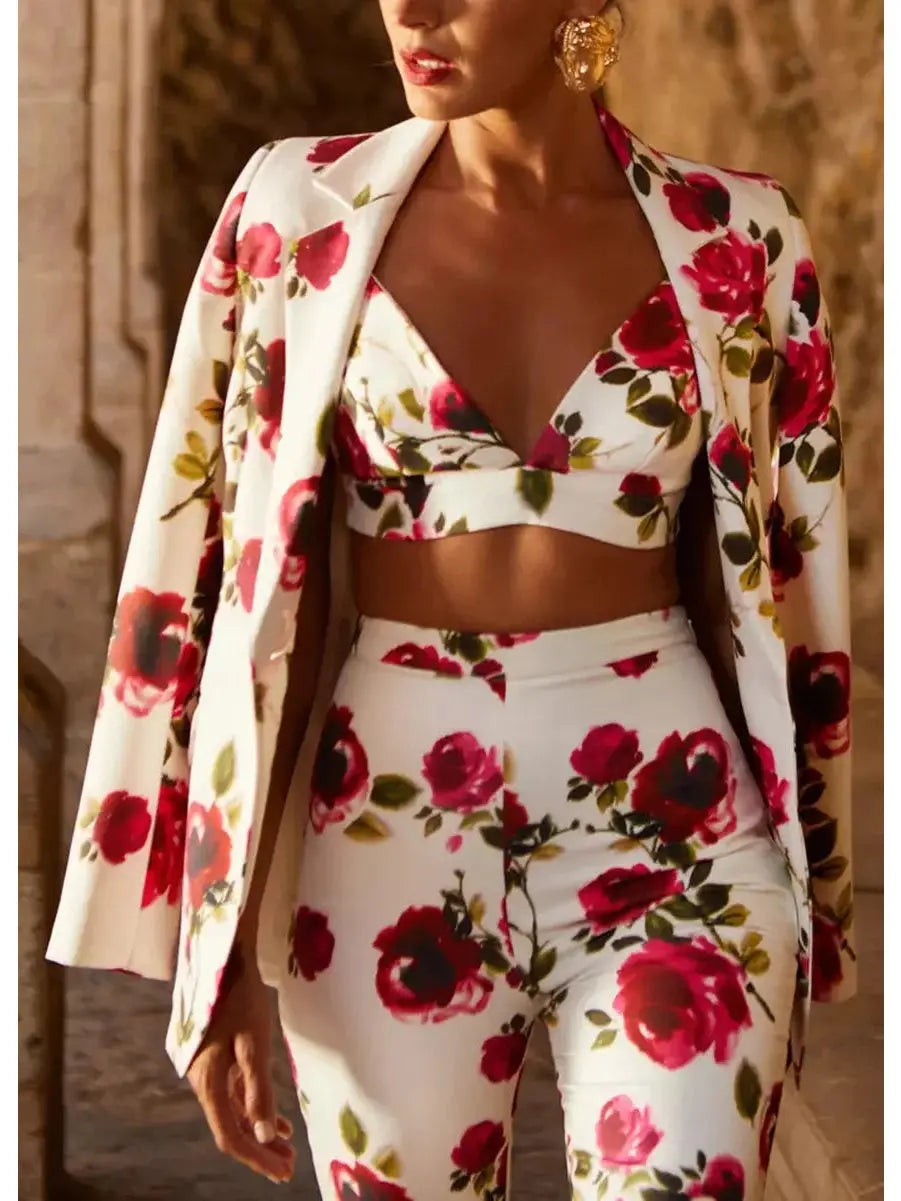 3-Piece Watercolor Rose Print Blazer Bra Top and Pant Suit / Set - Suits & Sets