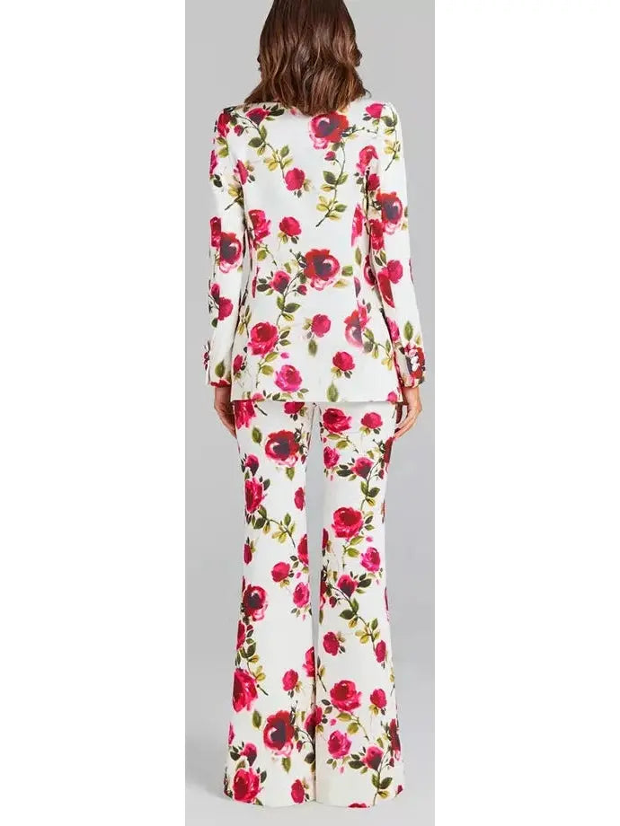 3-Piece Watercolor Rose Print Blazer Bra Top and Pant Suit / Set - Suits & Sets