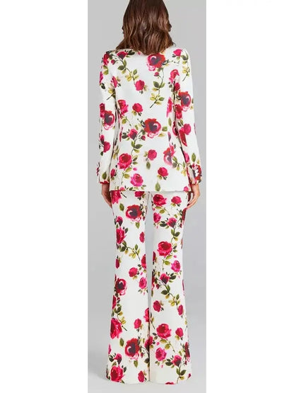 3-Piece Watercolor Rose Print Blazer Bra Top and Pant Suit / Set - Suits & Sets