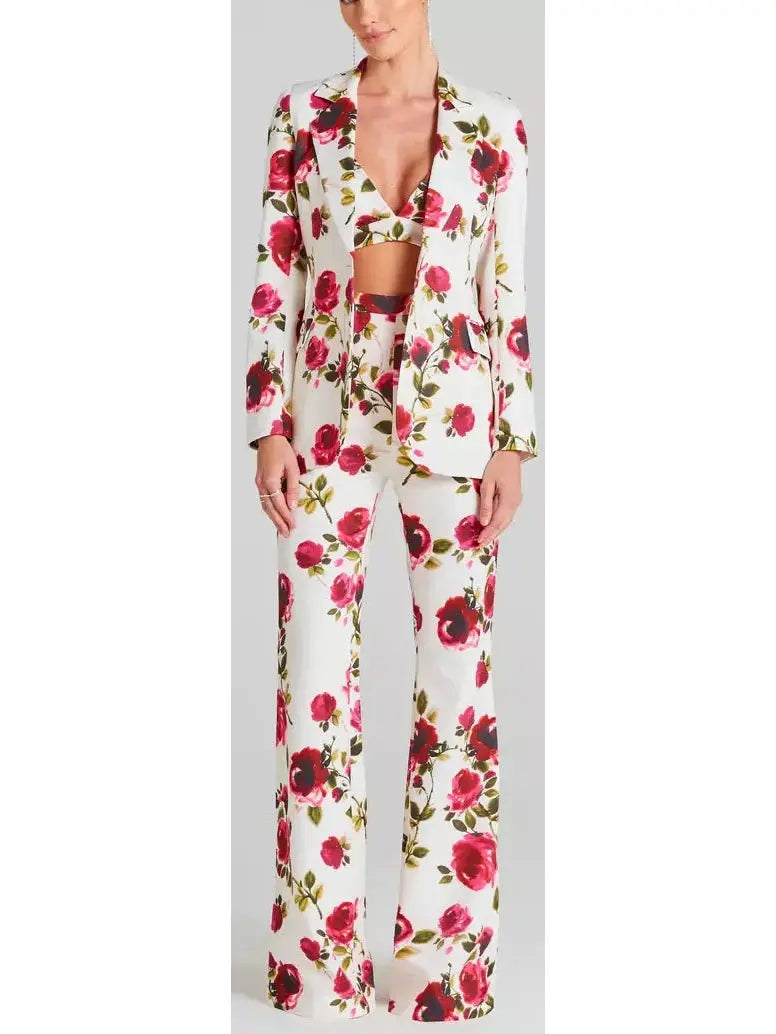 3-Piece Watercolor Rose Print Blazer Bra Top and Pant Suit / Set - Suits & Sets