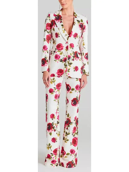 3-Piece Watercolor Rose Print Blazer Bra Top and Pant Suit / Set - Suits & Sets