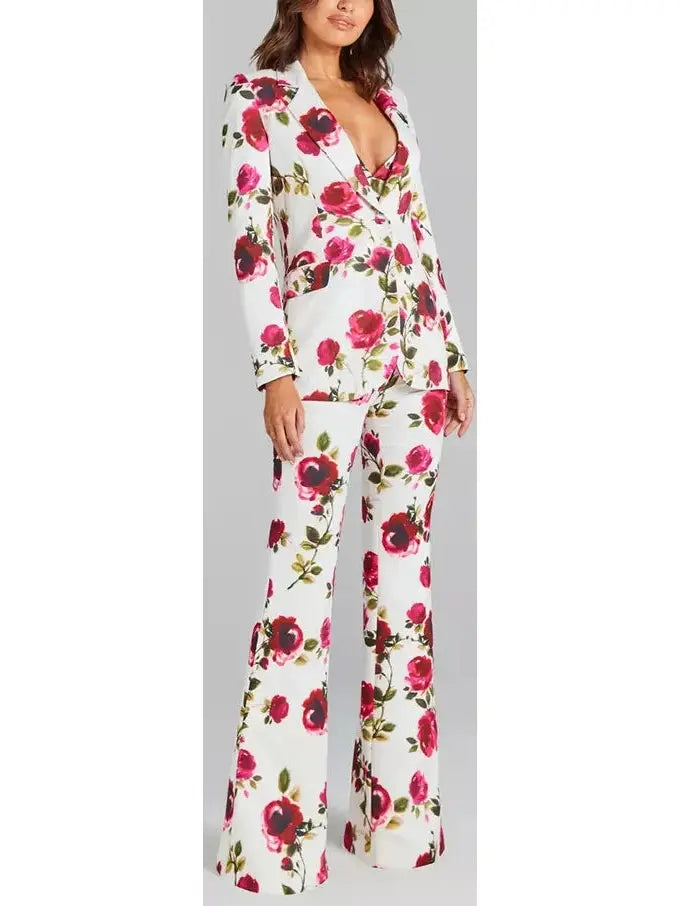 3-Piece Watercolor Rose Print Blazer Bra Top and Pant Suit / Set - s - Suits & Sets