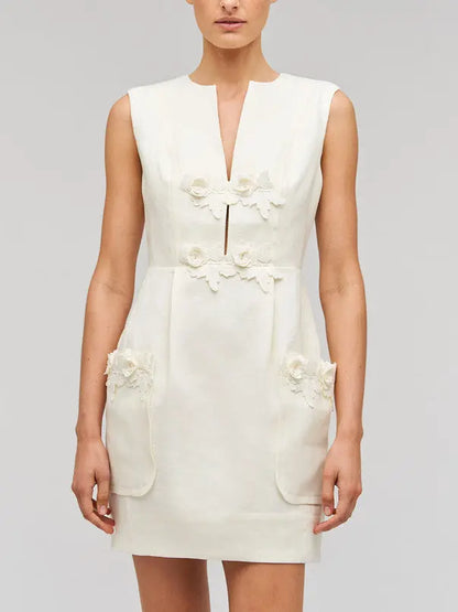 3D Flower Applique Linen Mini Dress in Cream Branna Couture