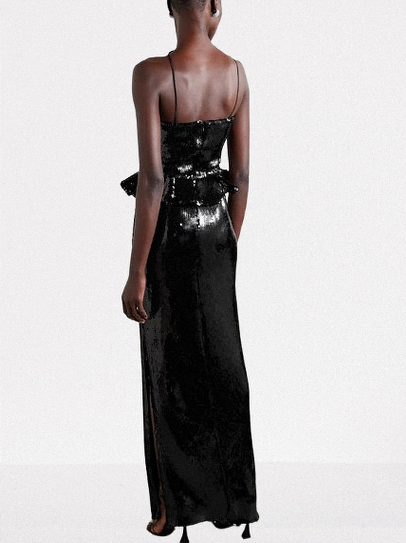 3D-Rose-Collar Black Sequin Peplum Gown - Dresses