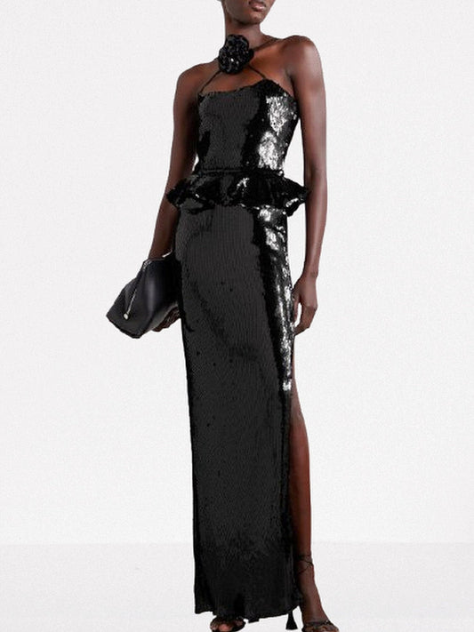 3D-Rose-Collar Black Sequin Peplum Gown