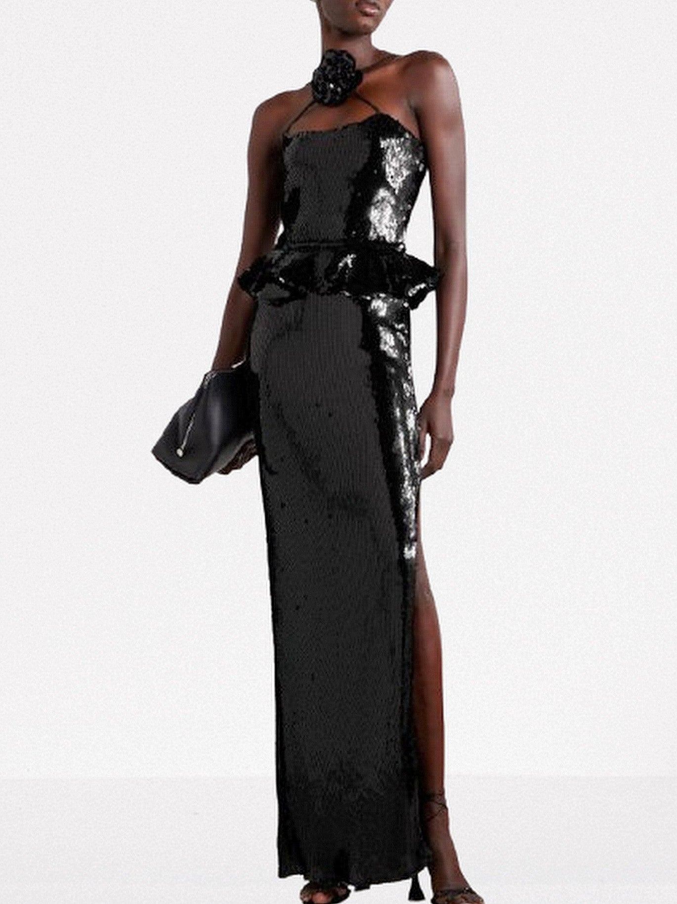 3D-Rose-Collar Black Sequin Peplum Gown - XS - Dresses
