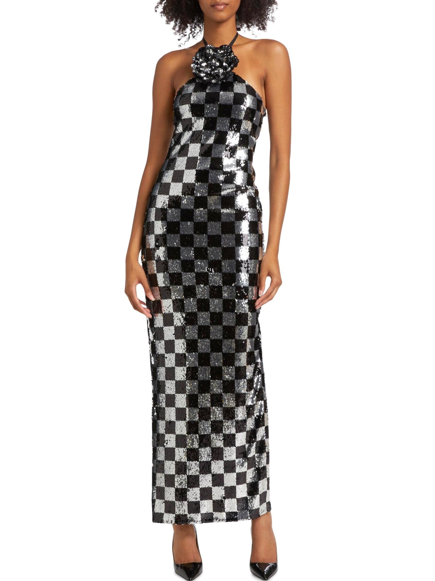 3D-Rose-Collar Black and Silver Sequin Checkered Gown