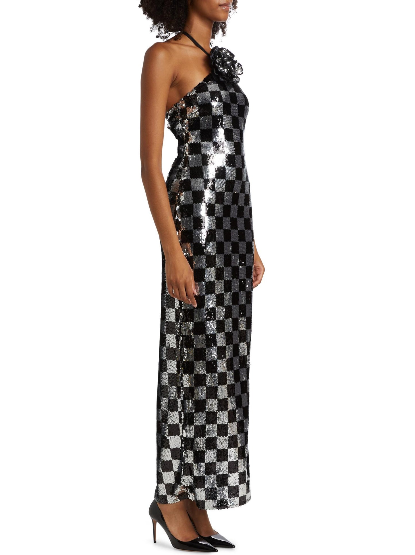 3D-Rose-Collar Black and Silver Sequin Checkered Gown