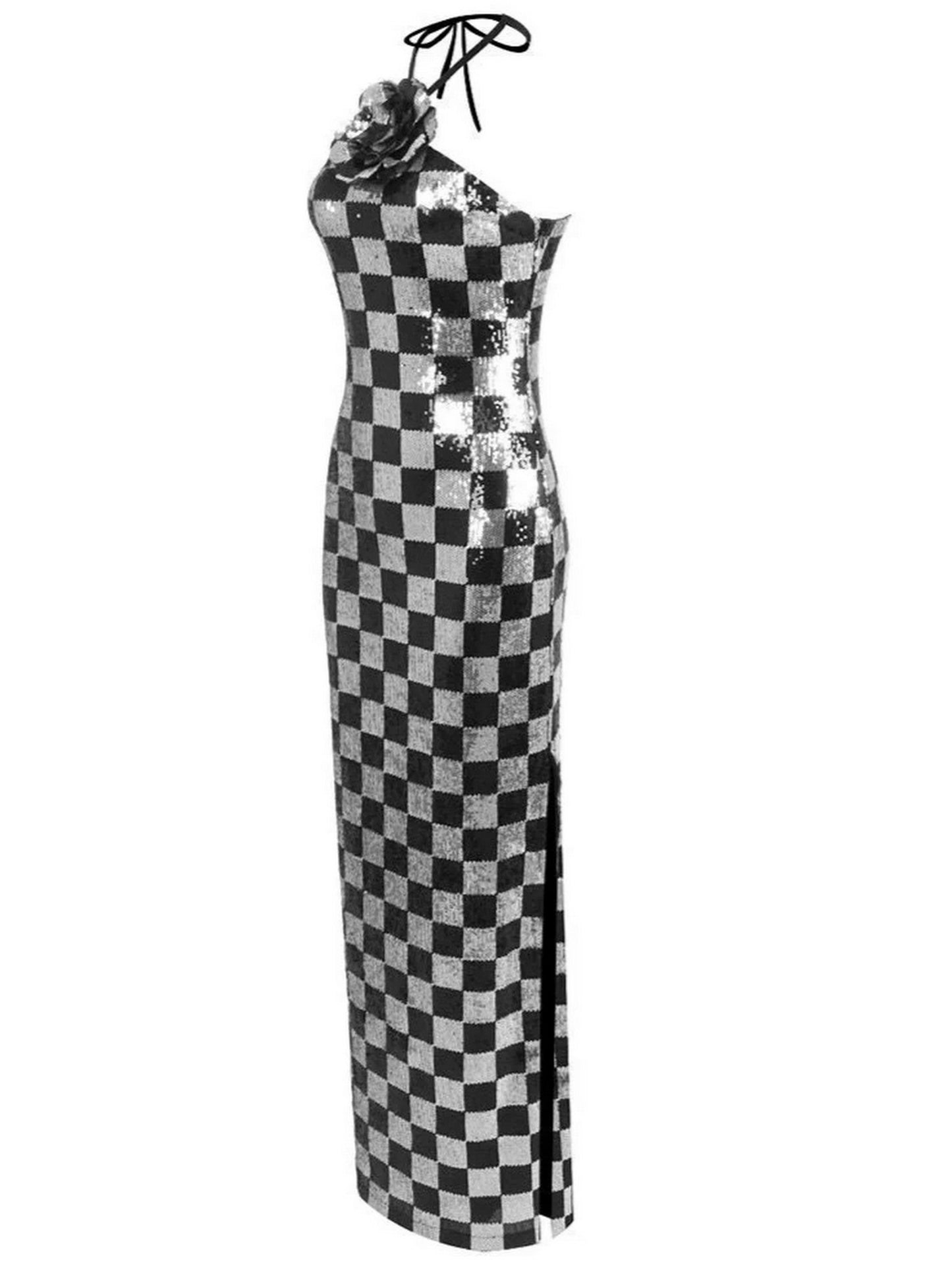 3D-Rose-Collar Black and Silver Sequin Checkered Gown