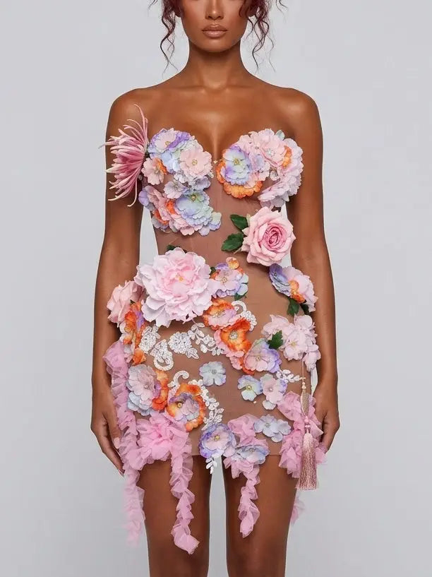 3D Floral Appliqué Sheer Mesh Mini Dress - S - Dresses