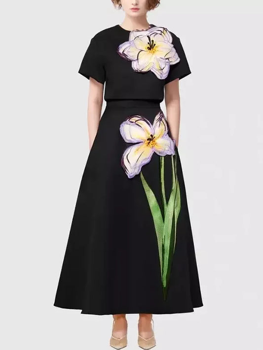 3D Floral Appliqued Crop Top and Flared Skirt Set - S / Black - Suits & Sets