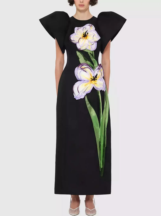3D Floral Appliqued Puff-Sleeve Black Maxi Dress - S - Dresses