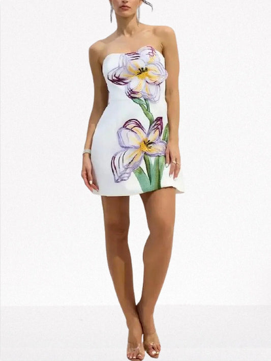 3D Floral Appliqued Strapless Mini Dress - S / White - Dresses
