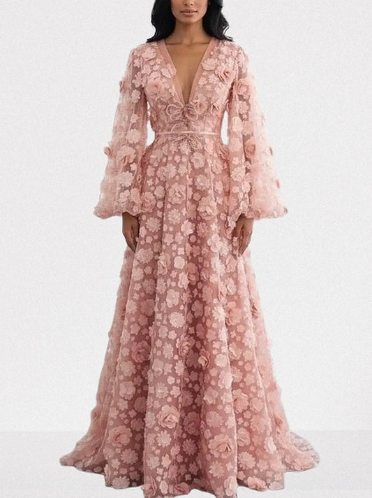 3D Floral Appliqués Blush-Pink Tulle Gown - S - Dresses