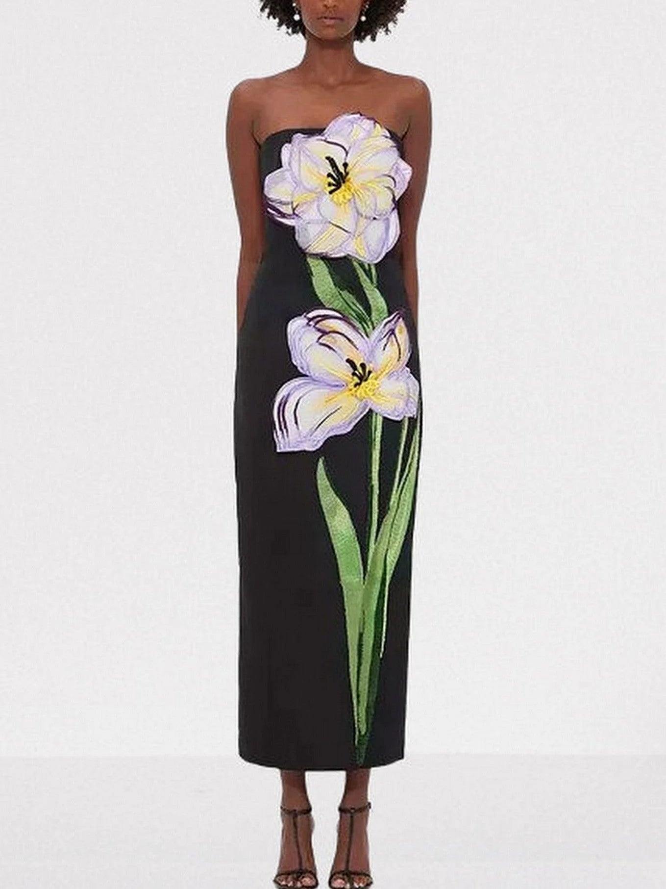3D Floral Appliques Strapless Maxi Dress - S / Black - Dresses