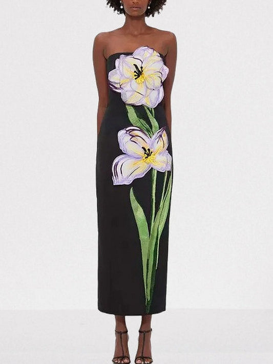 3D Floral Appliques Strapless Maxi Dress - S / Black - Dresses