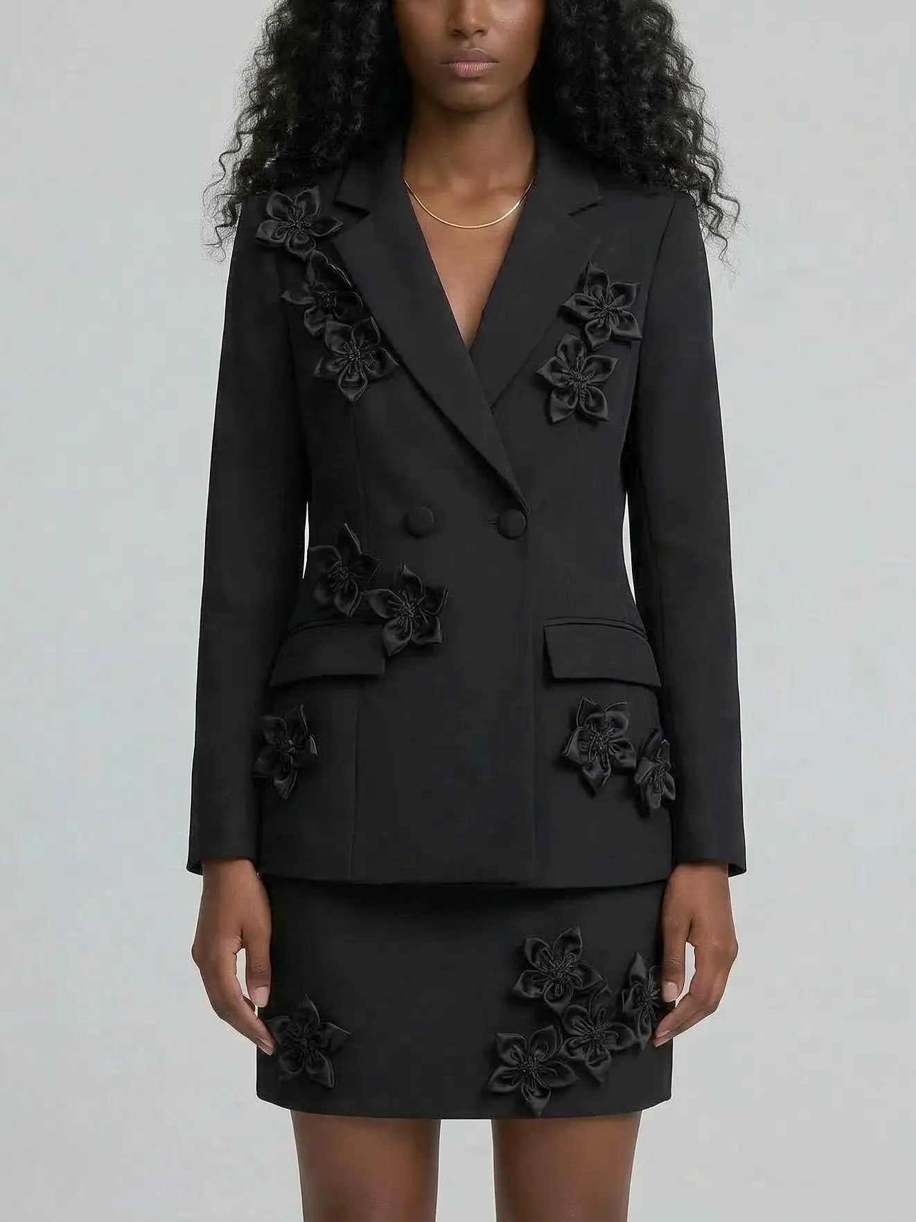 3D Floral Blazer and Mini Skirt Set - M / Black - Suits & Sets