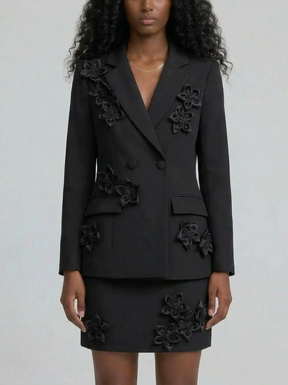 3D Floral Blazer and Mini Skirt Set - M / Black - Suits & Sets