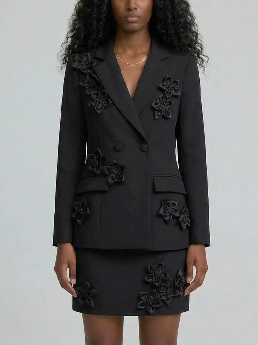 3D Floral Blazer and Mini Skirt Set - M / Black - Suits & Sets