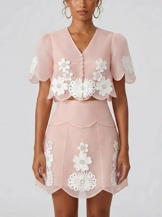 3D Floral Embroidered Organza Top and Mini Skirt Set - Small - Suits & Sets