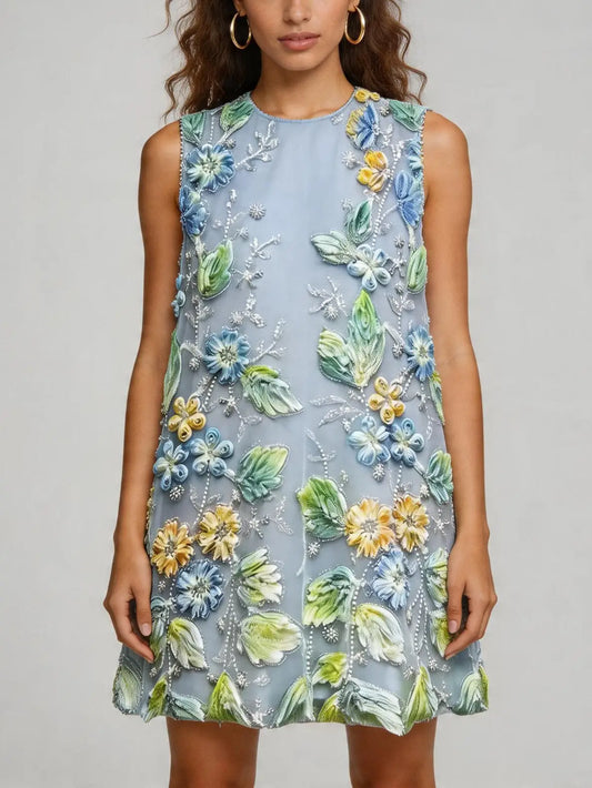 3D Floral Embroidered Shift Mini Dress - S - Dresses