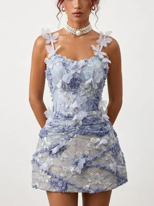3D Floral Lace Butterfly Appliqué Mini Dress - Small / Blue - Dresses