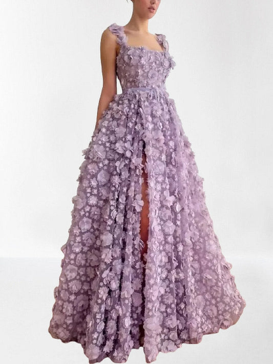 3D Floral Sleeveless Flared Gown XS / Lavender Dresses